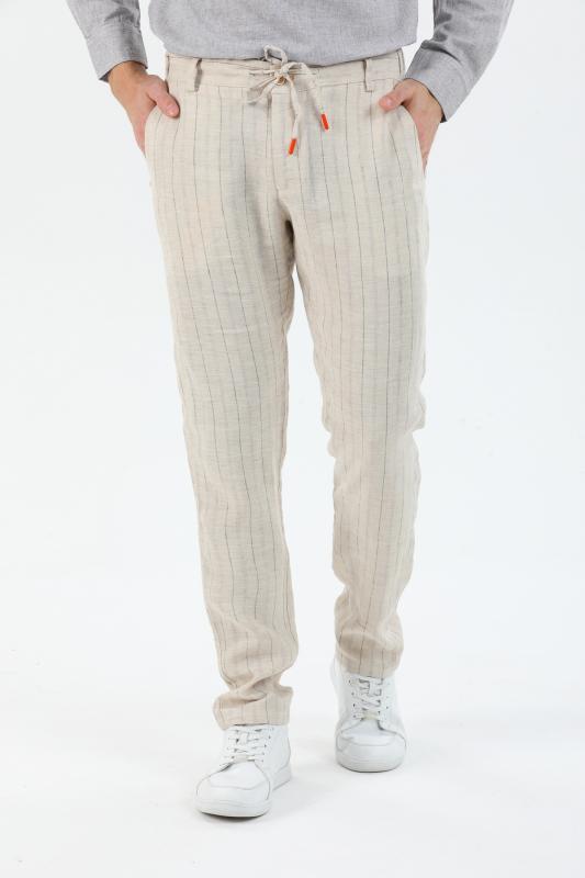 %100 Keten Erkek Pantolon Natural Çizgili