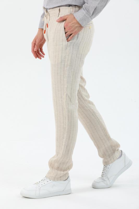 %100 Keten Erkek Pantolon Natural Çizgili