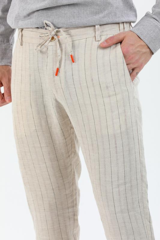 %100 Keten Erkek Pantolon Natural Çizgili