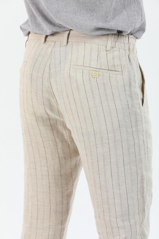 %100 Keten Erkek Pantolon Natural Çizgili