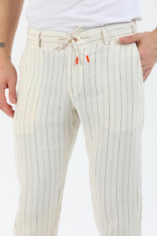  %100 Keten Erkek Pantolon Beyaz Çizgili