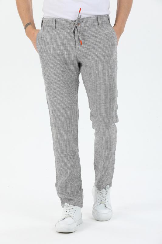 %100 Keten Erkek Pantolon Gri Çizgili
