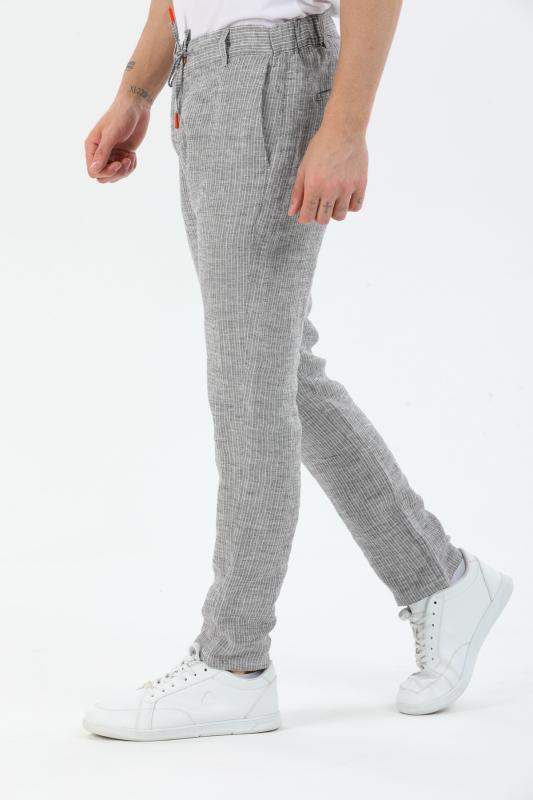 %100 Keten Erkek Pantolon Gri Çizgili