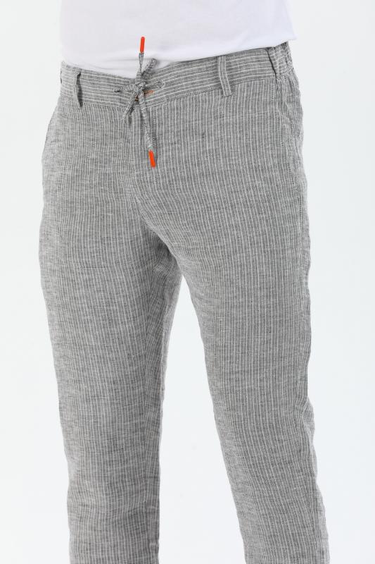 %100 Keten Erkek Pantolon Gri Çizgili