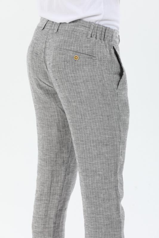 %100 Keten Erkek Pantolon Gri Çizgili