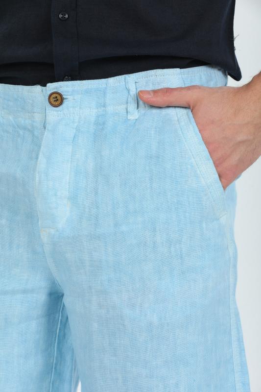 %100 Keten Erkek Şort Buz Mavisi