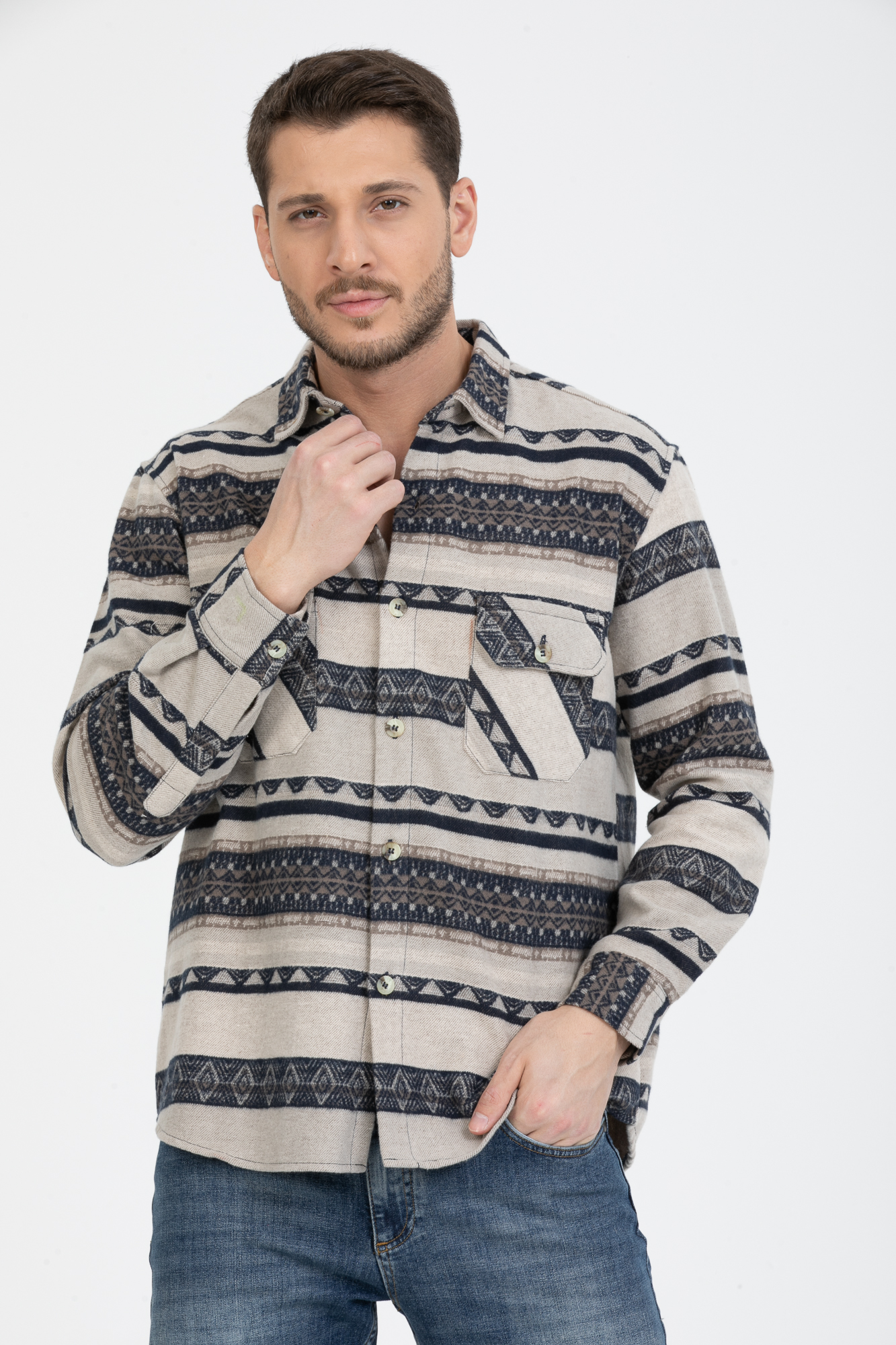 Erkek Oduncu Etnik Desenli Gömlek %100 Pamuklu